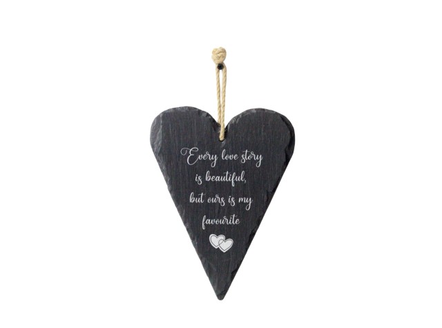 Welsh slate heart shaped hanging sign engraved with a love story
